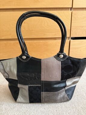 REAL Coach Patchwork Leather Tote Bag in Black and Gray
